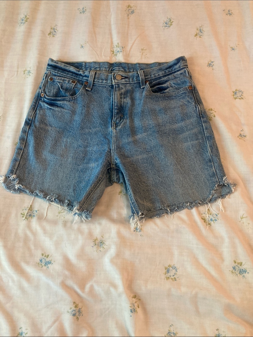 Frayed Hem Mid-Blue Denim Jean Shorts